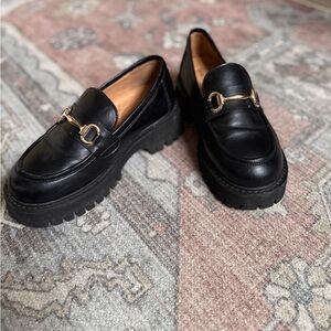 Chunky Platform Faux Leather Loafers With Lug Sole and Gold Buckle Detail
